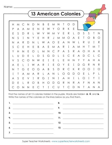 Fifth grade colonial word search worksheet about American history with puzzle number 12