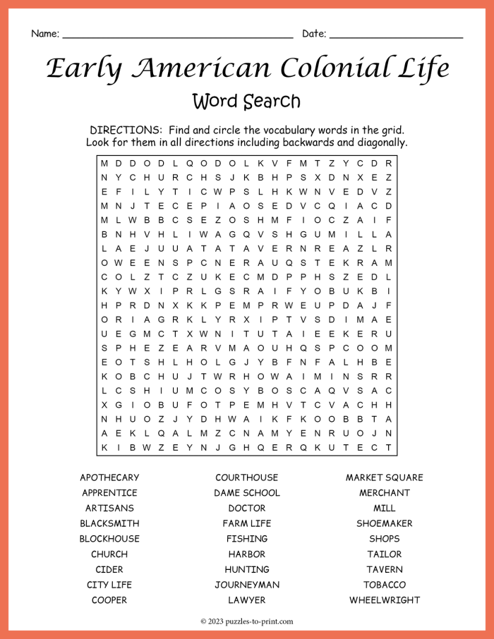 Fifth grade students solving a colonial American history word search puzzle worksheet