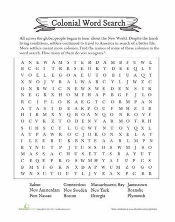 Fifth grade students finding historical terms in a colonial word search worksheet 14