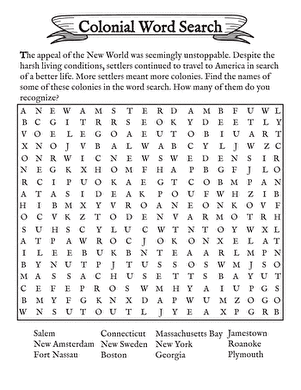 Fifth grade students solving a colonial word search puzzle to practice American history vocabulary
