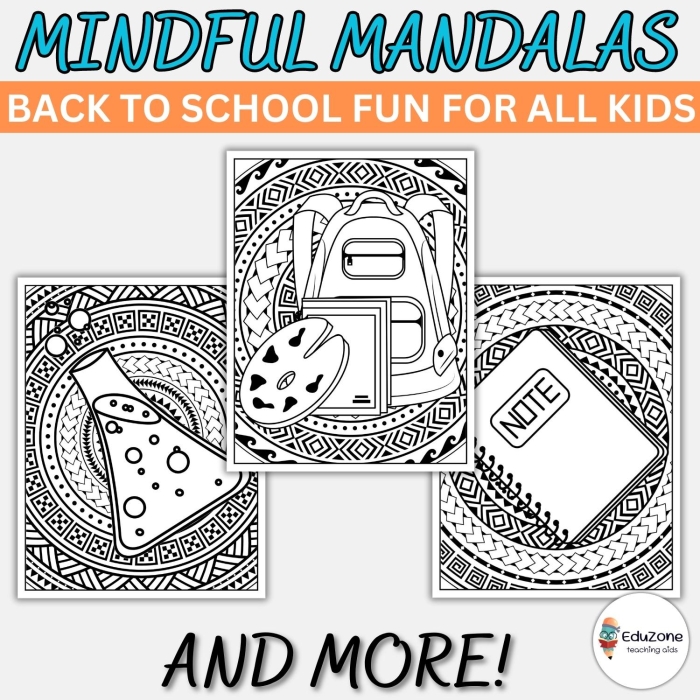 Coloring page featuring a school-themed mandala for first graders to enjoy