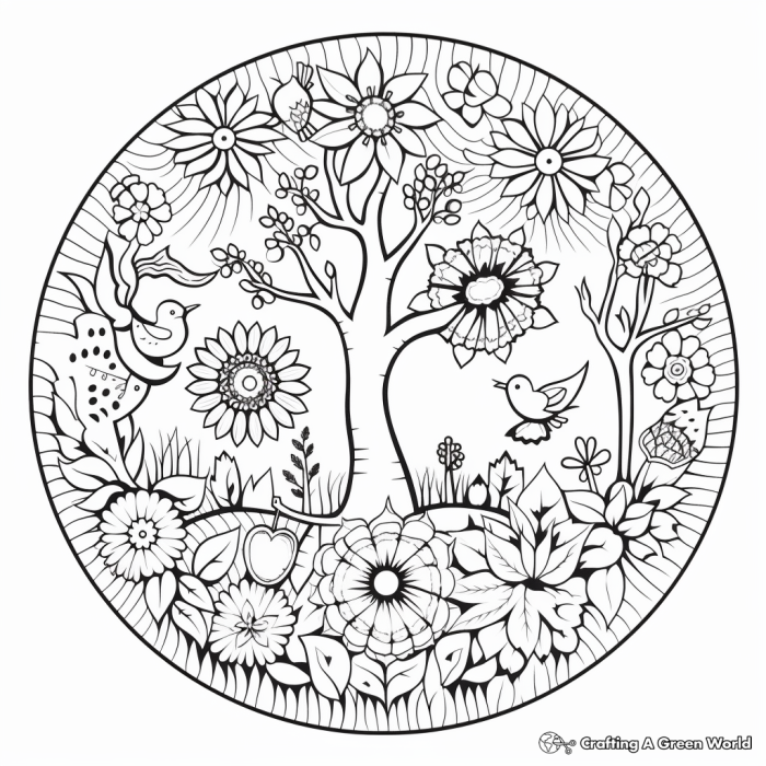 Engaging spring mandala coloring activity for young learners in the Time and Money category Colorful spring mandala worksheet designed for Pre-K students to enhance creativity and fine motor skills