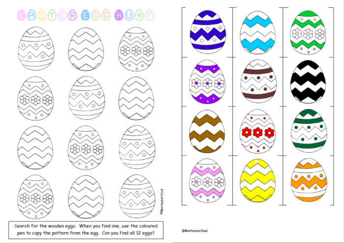 Kindergarten students color hidden Easter eggs scattered throughout a fun hunt worksheet