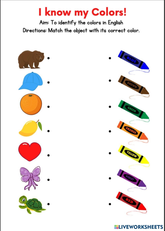 Color Knowledge Assessment worksheet for Pre-K students featuring various shades to identify
