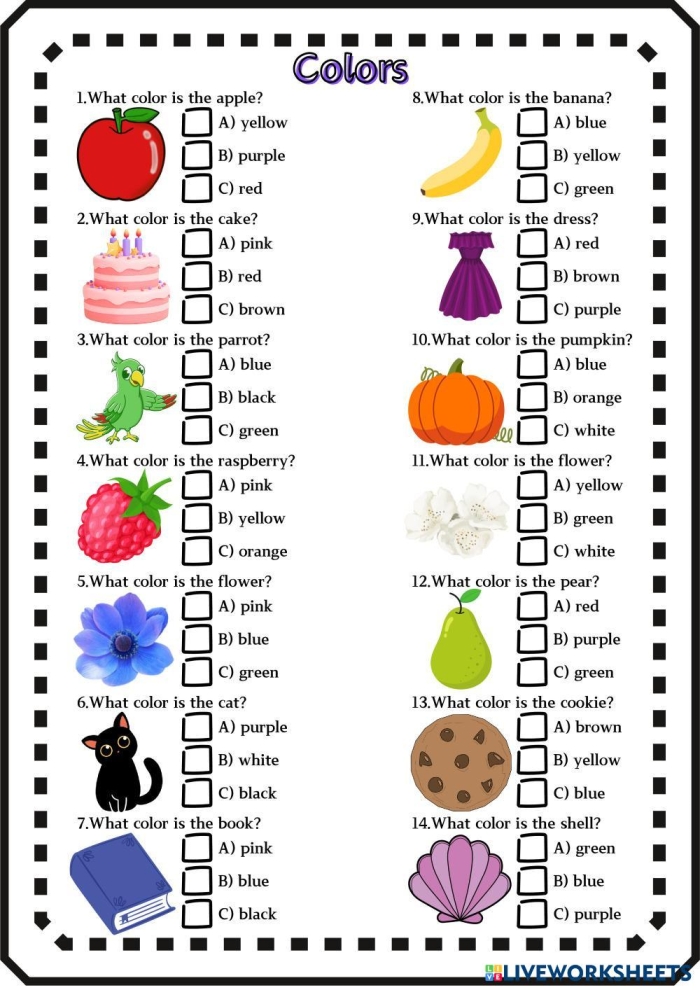 Color Knowledge Assessment worksheet for Pre-K students identifying shades