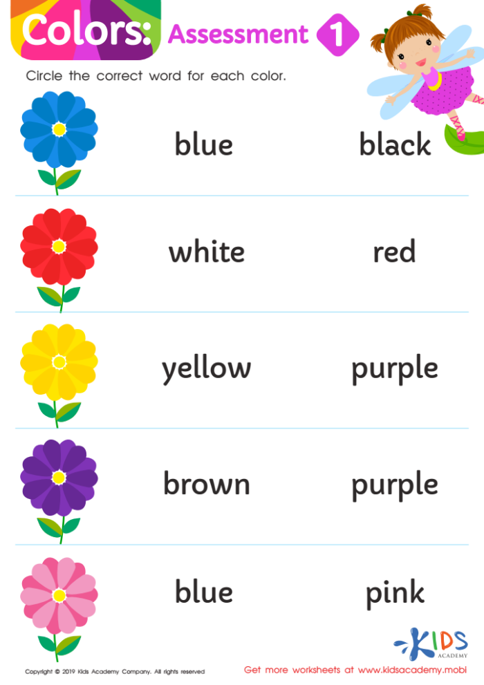 Color Knowledge Assessment worksheet for Pre-K students identifying shades