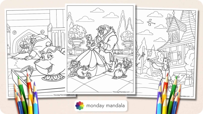 Coloring page featuring Beauty and the Beast for preschool science activities