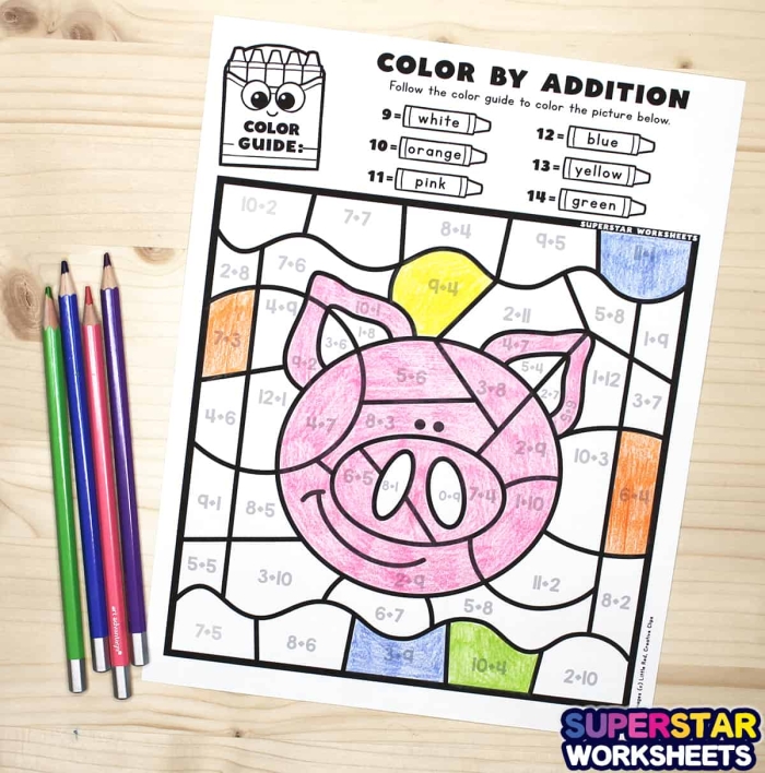 Color by Addition Facts worksheet featuring colorful number patterns for first graders