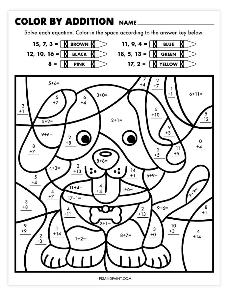 Color by Addition Facts worksheet featuring fun math problems for first graders