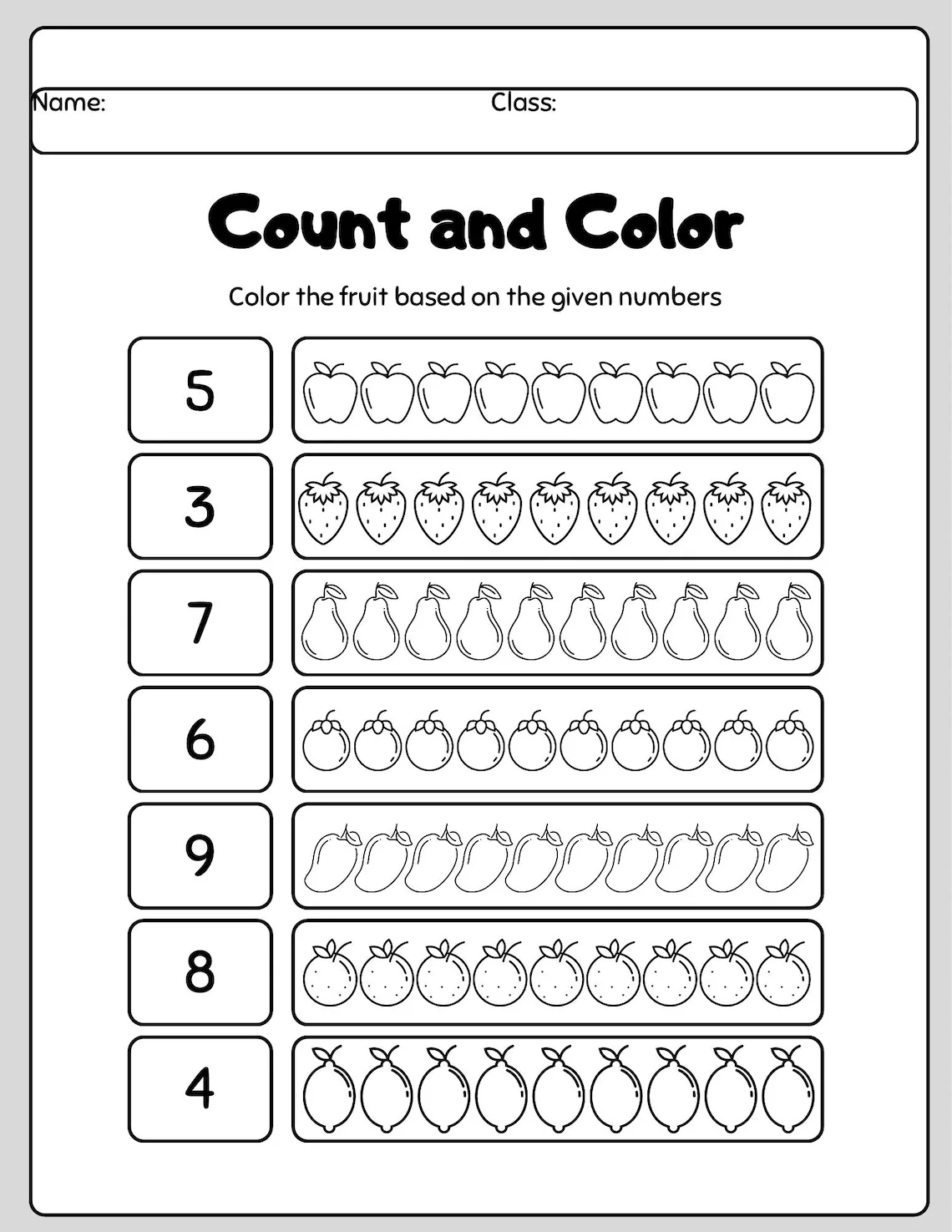 Color by number worksheet featuring various fruits for preschoolers