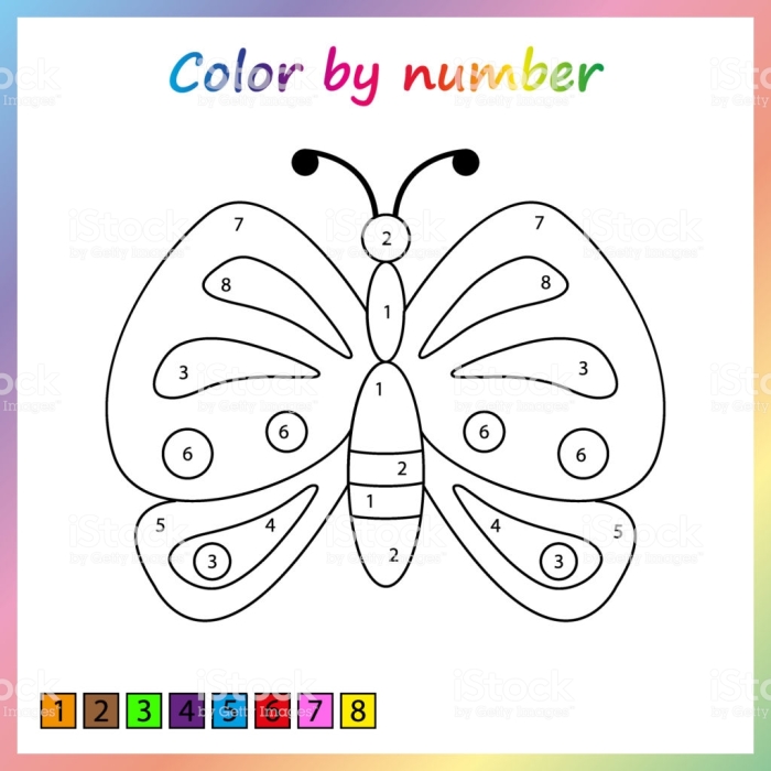 Engaging butterfly-themed activity for Pre-K geometry learning Color by number worksheet featuring a colorful butterfly for early counting skills