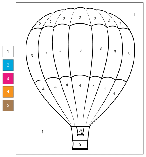 Colorful hot air balloons ready to be colored by number for preschoolers