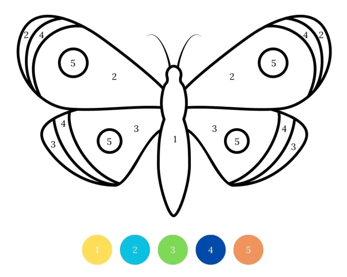 Geometry color by number butterfly activity for preschool learners 11 Pre-K color by number butterfly worksheet featuring basic geometry and counting practice