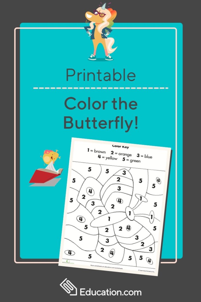 Colorful butterfly counting activity for Pre-K geometry skills Color by Number worksheet featuring a vibrant butterfly design for young learners