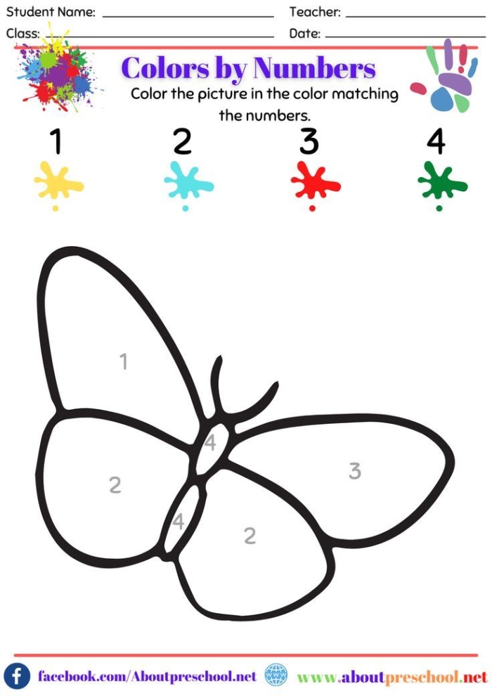 Engaging Color by Number Butterfly activity for early counting skills Color by number worksheet featuring a butterfly designed for Pre-K geometry learning