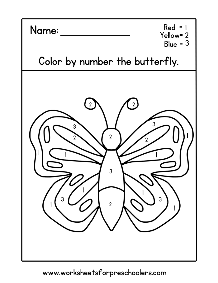 Engaging Color by Number Butterfly Activity for Pre-K Geometry Learning Color by number worksheet featuring a colorful butterfly design for preschool counting practice