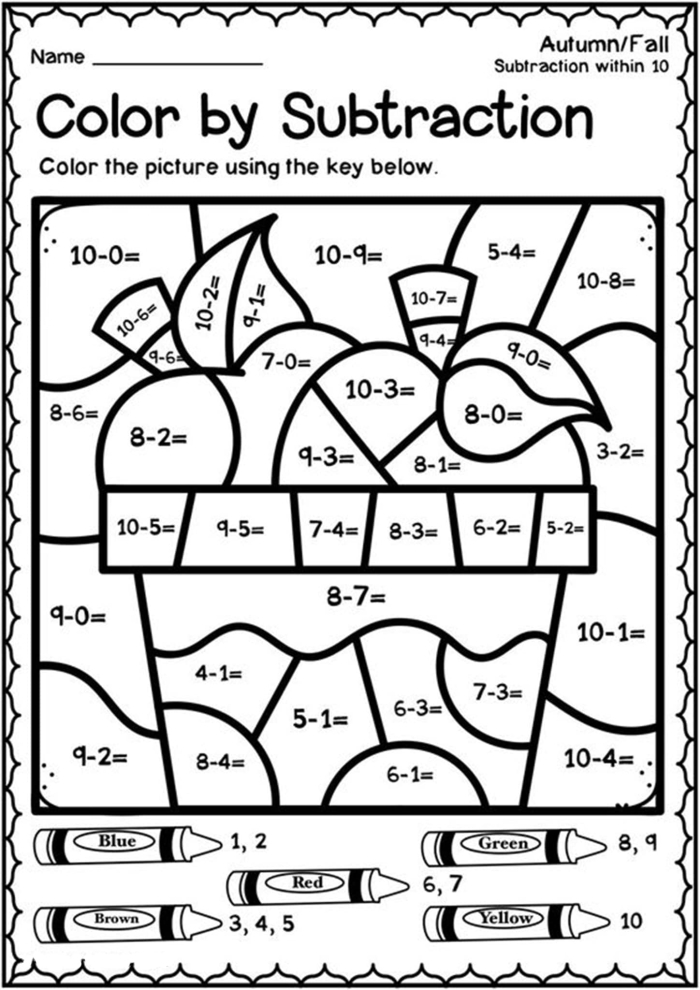 Pre-K color by number cat picture with color key for learning numbers and colors A cute cat illustration divided into numbered sections for a color by number activity worksheet