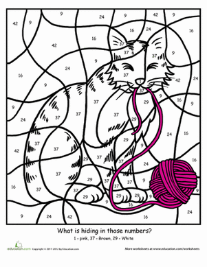 Algebra worksheet featuring a cat coloring activity for preschool learners image 25 Pre-K student working on a Color By Number Cat math worksheet for algebra skill development