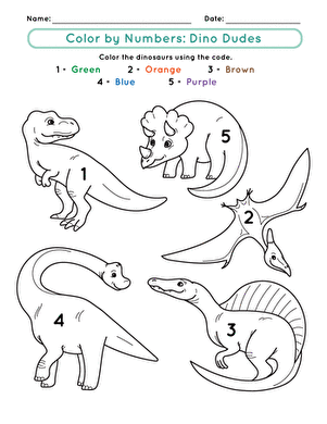 Preschooler worksheet featuring a cute dinosaur to color by number for early math practice