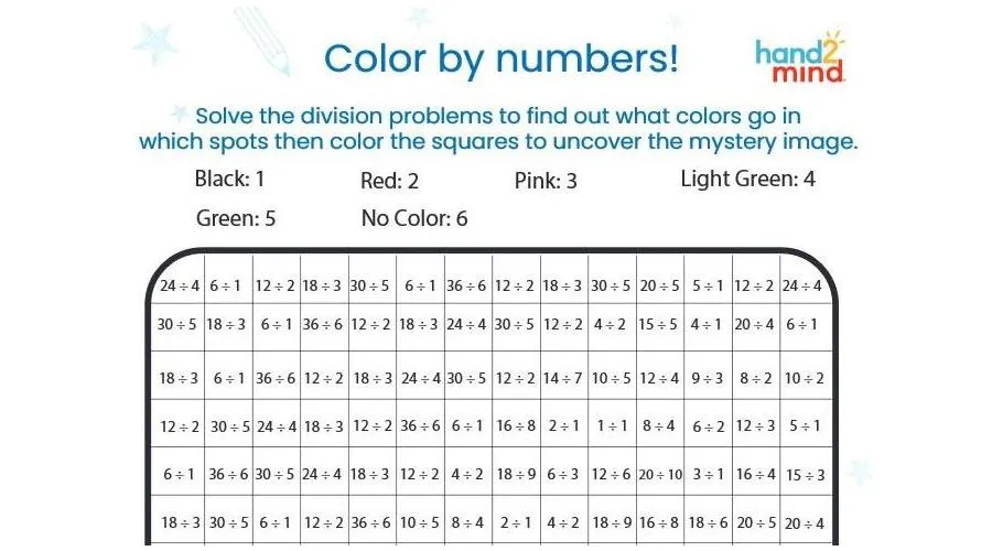 Third grade color by number division worksheet with basic division problems and coloring activity for image 24