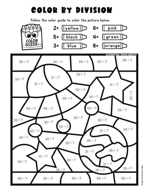 Third grade color by number division worksheet with basic division problems and coloring activity