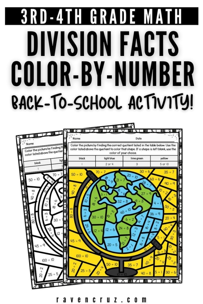 Third grade student solving division equations on a color by number worksheet 16
