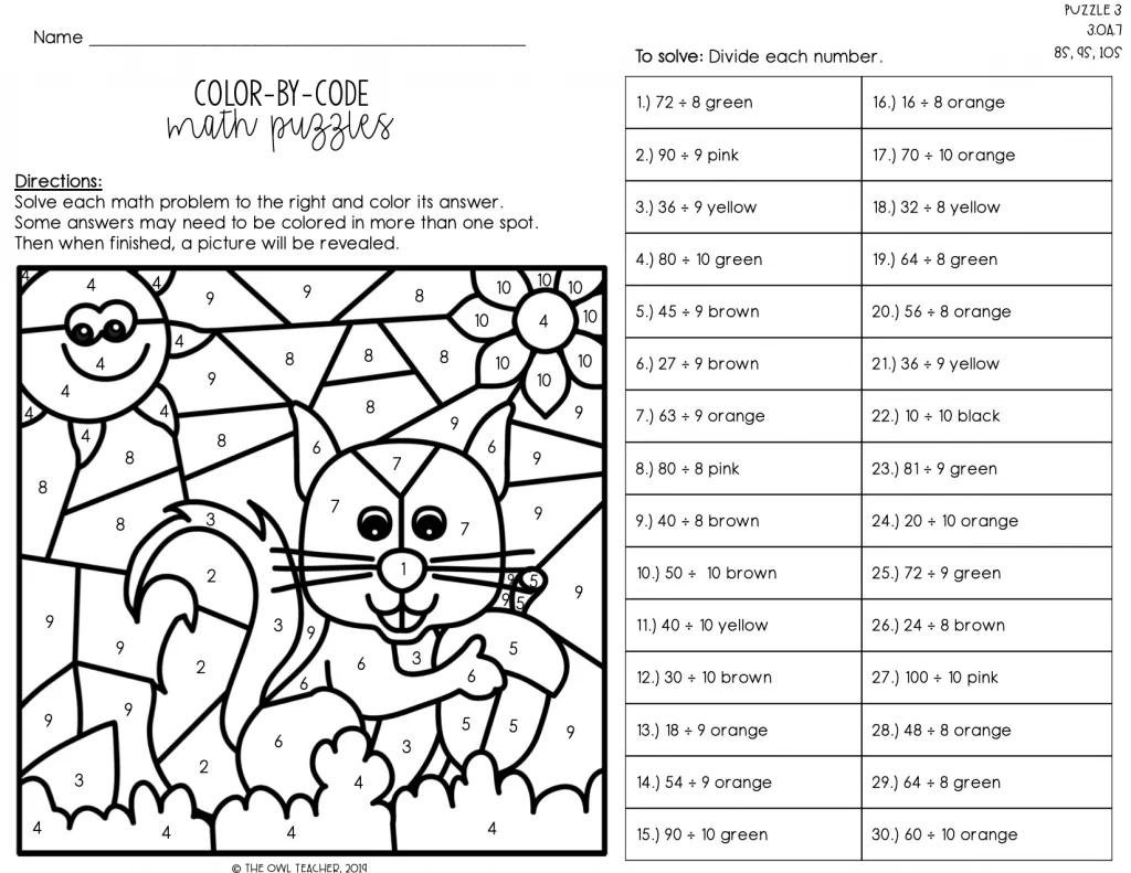 Third grade student working on a Color By Number Division math worksheet 17
