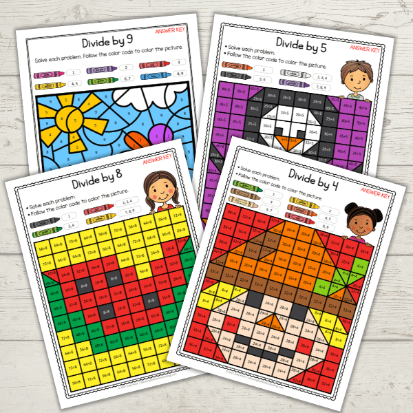 A third grade student solving division math problems on a color by number worksheet