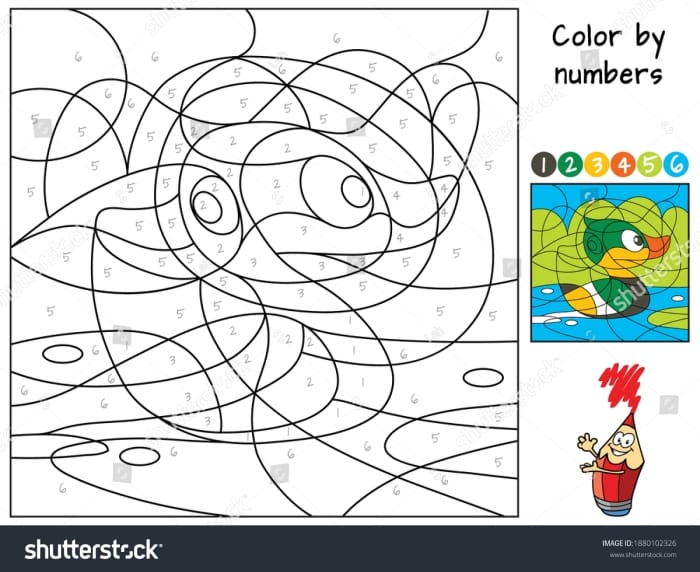 A pre-k math worksheet featuring two cute ducks swimming in a pond for kids to color by number.