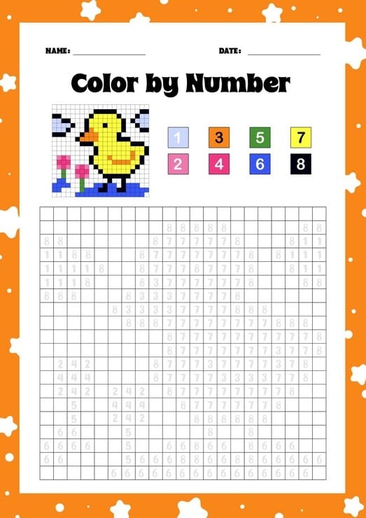 Pre-K color by number worksheet featuring two ducks swimming in a pond for counting practice