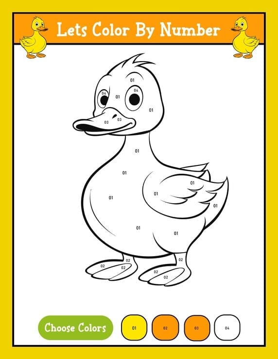 Color by number worksheet featuring two ducks swimming in a pond for preschoolers
