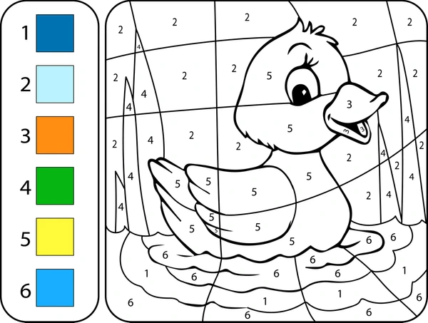 Pre-K student coloring a scene of two ducks swimming in a pond for a number 22 color by number worksheet