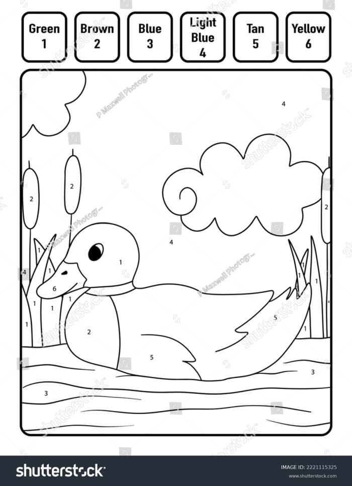 Pre-K color by number worksheet featuring two cute ducks swimming in a pond