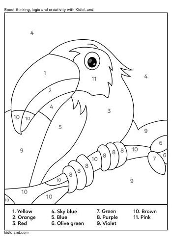 Parrot coloring activity for numbers and counting in first grade education Color-By-Number worksheet featuring a vibrant parrot for first graders to enhance their counting skills
