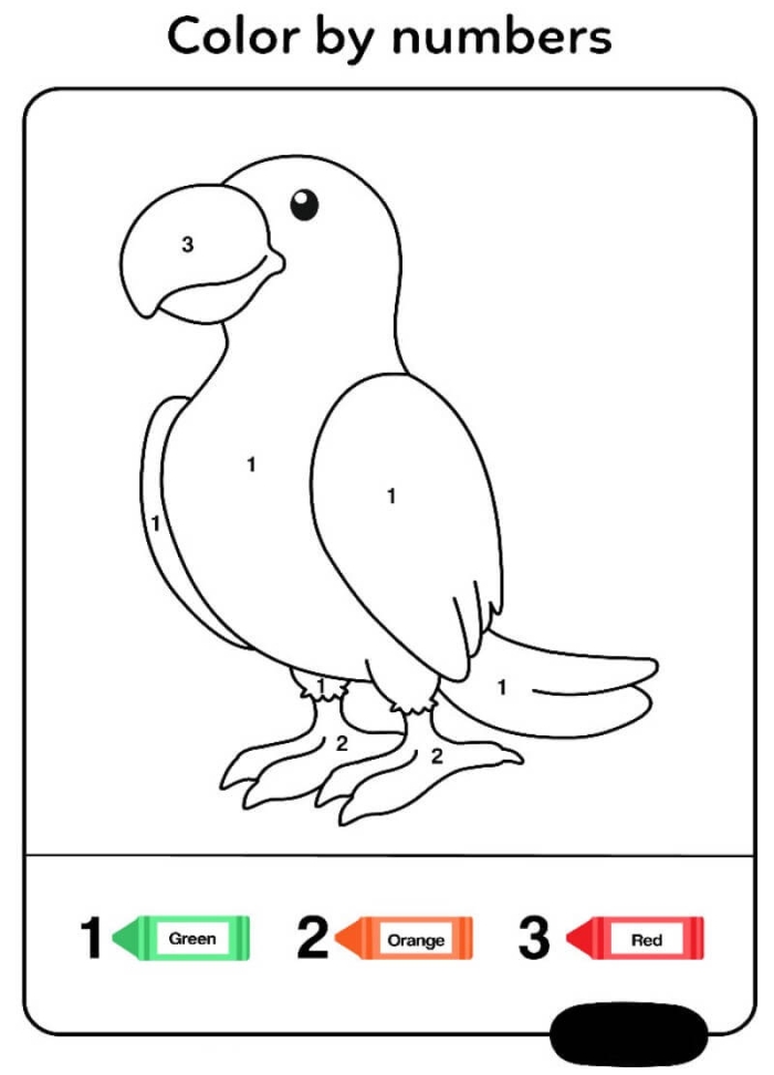 Color in each section to reveal a vibrant parrot masterpiece! Color-By-Number worksheet featuring a parrot for first graders to practice numbers and counting