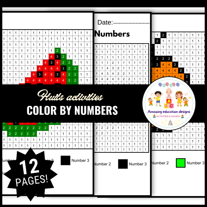 Pre-K color by number fruit worksheet featuring a collection of healthy snacks for children to color