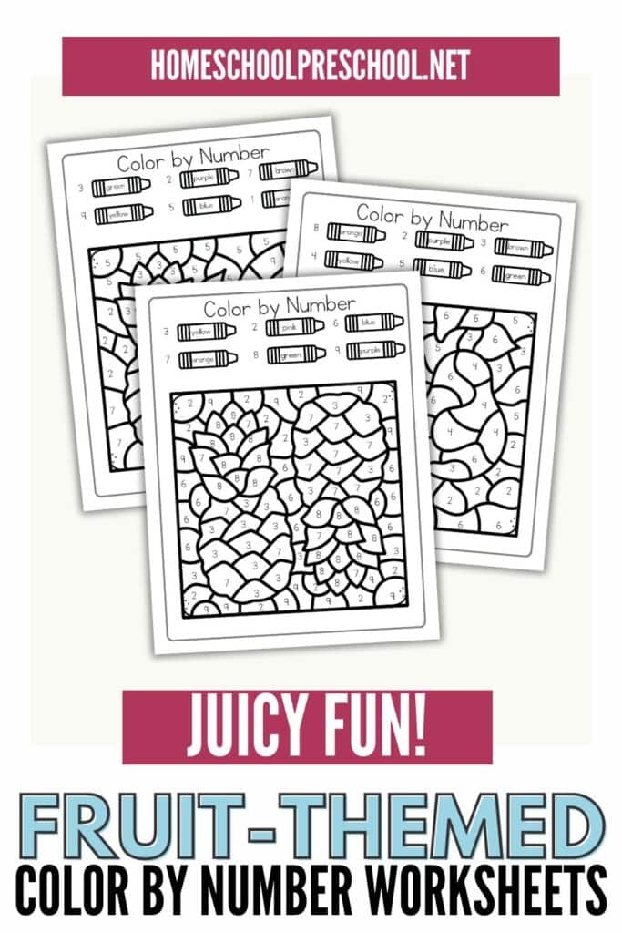 Color by number worksheet featuring various fruits for kids to color