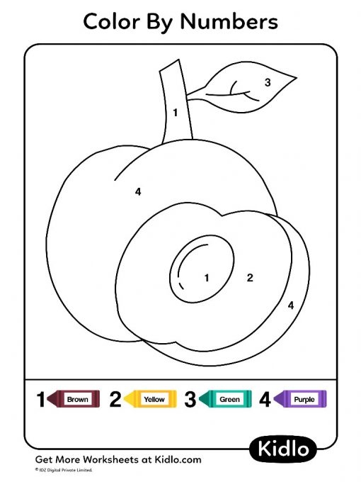 Pre-K student coloring a fruit themed number identification worksheet for classroom history lesson 23