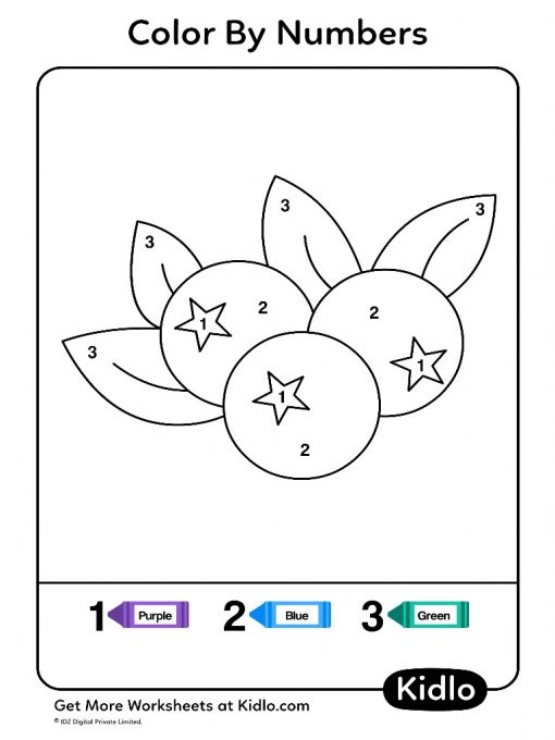Color by number worksheet featuring various fruits for preschoolers