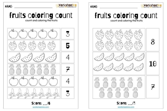 Color by number worksheet featuring various fruits for Pre-K kids