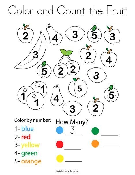 Color by number worksheet featuring a variety of colorful fruits for kids