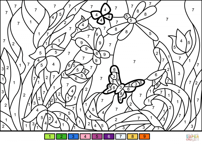 Color by number worksheet featuring garden plants for kindergarten students