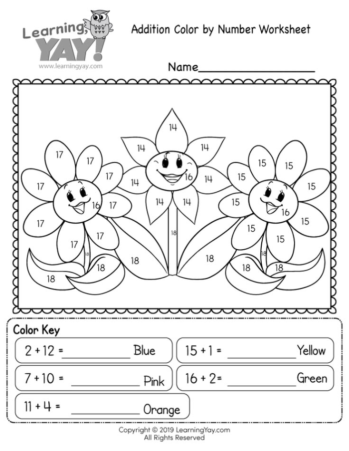 Kindergarten students practice math skills with a garden plants color by number activity page nine