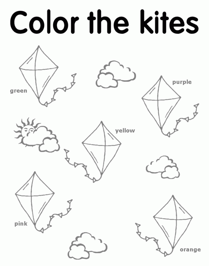Pre-K student worksheet showing a kite outline with numbered sections for color recognition practice