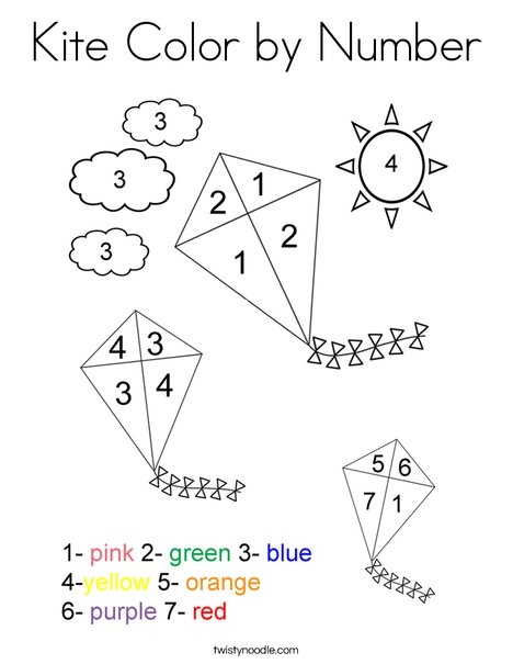 Pre-K color by number worksheet featuring a kite drawing to practice color and number recognition 24