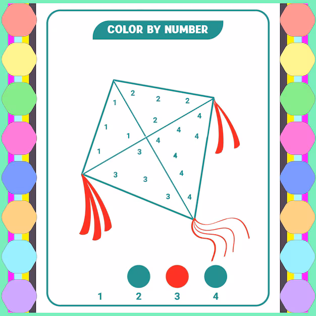 Pre-K color by number kite worksheet featuring basic number recognition for early learners
