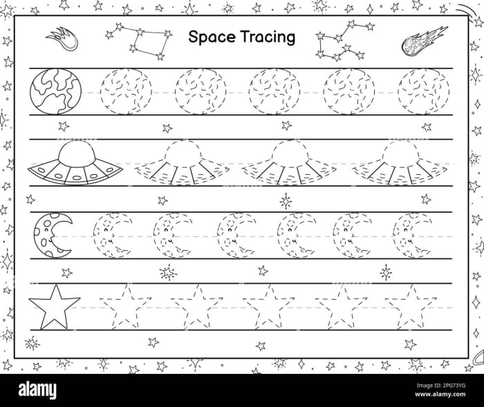 Cute alien and rocket amidst colorful planets in a Color by Number: Outer Space worksheet for Pre-K. Fun and engaging Color by Number worksheet featuring outer space themes for young learners.