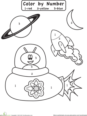 Cute alien and colorful planets on a Color by Number: Outer Space worksheet for Pre-K kids