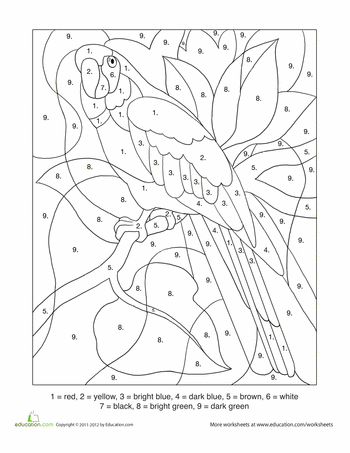 Engaging Color-By-Number parrot activity for kids to create a vibrant artwork Color-By-Number worksheet featuring a parrot for first graders to enhance counting skills