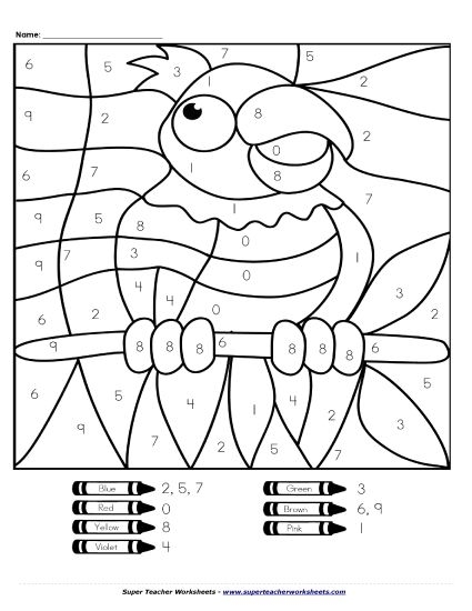 Engaging parrot coloring activity to enhance number recognition skills Color-By-Number worksheet featuring a parrot for first graders to practice counting